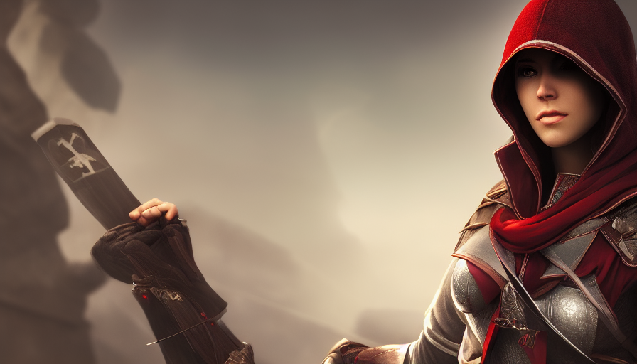 Female rouge assassin in Assassin's Creed Style, 4k,Highly Detailed,Beautiful,Cinematic Lighting,Sharp Focus,Volumetric Lighting,Closeup Portrait,Concept Art