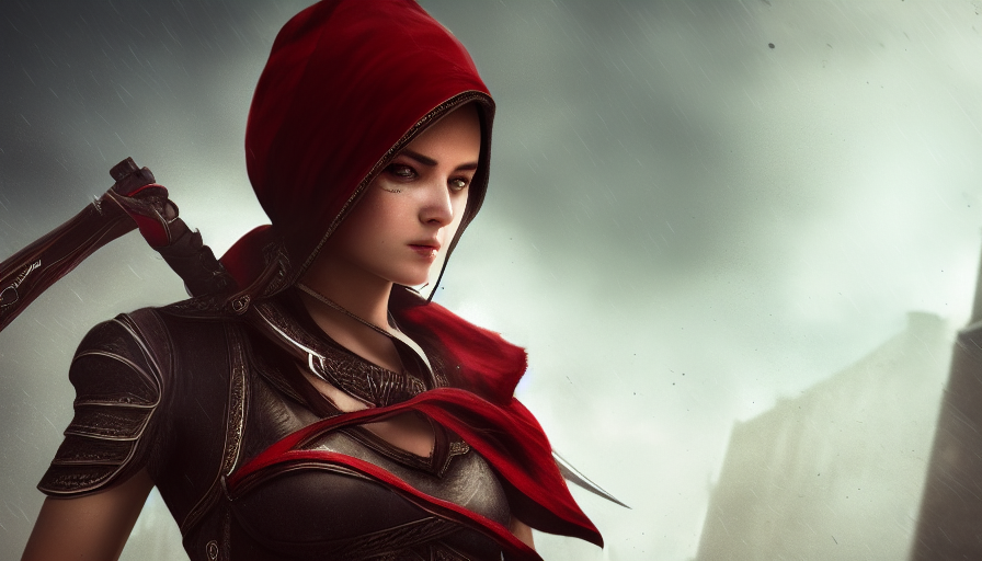 Female rouge assassin in Assassin's Creed Style, 4k,Highly Detailed,Beautiful,Cinematic Lighting,Sharp Focus,Volumetric Lighting,Closeup Portrait,Concept Art