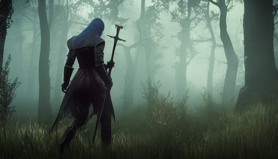 Veiled Assasin in The Witcher 3 style, 8k,Highly Detailed,Artstation,Illustration,Sharp Focus,Unreal Engine,Volumetric Lighting,Concept Art