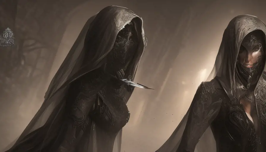 Veiled Assassin with daggers, 8k,Highly Detailed,Artstation,Illustration,Sharp Focus,Unreal Engine,Volumetric Lighting,Concept Art