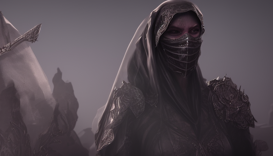 Veiled Assassin with daggers, 8k,Highly Detailed,Artstation,Illustration,Sharp Focus,Unreal Engine,Volumetric Lighting,Concept Art