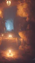 Secret Overwatch grand magical area carved inside a cave, 4k,Artstation,Cinematic Lighting,Sharp Focus,Octane Render,Candle Light,Concept Art,Fantasy,Cozy