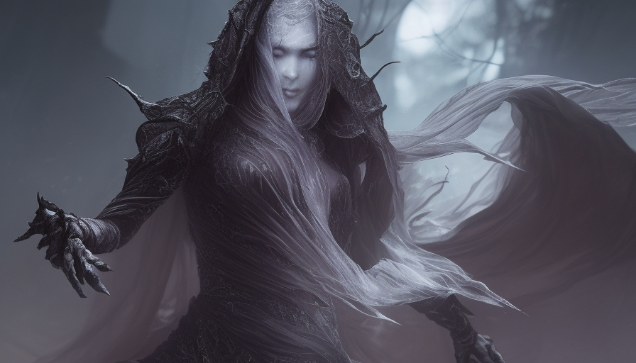 Veiled wraith Assassin from Elden Ring, 8k,Highly Detailed,Artstation,Illustration,Sharp Focus,Unreal Engine,Volumetric Lighting,Concept Art