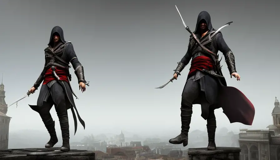 Male veiled Assasin in Assassin's Creed style, 8k,Highly Detailed,Artstation,Illustration,Sharp Focus,Unreal Engine,Volumetric Lighting,Concept Art