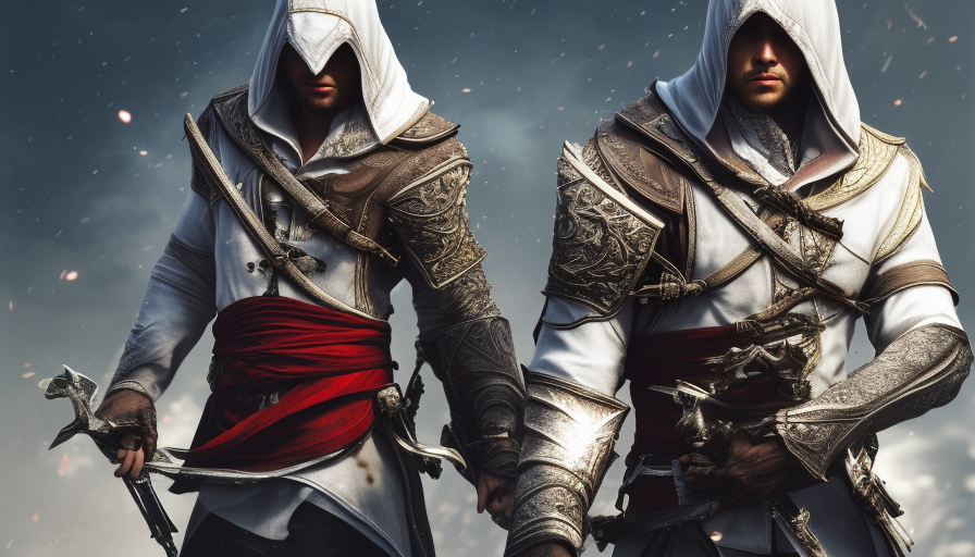 Male white veiled Assasin in Assassin's Creed style, 8k,Highly Detailed,Artstation,Illustration,Sharp Focus,Unreal Engine,Volumetric Lighting,Concept Art