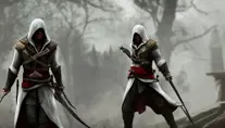 Male white veiled Assasin in Assassin's Creed style, 8k,Highly Detailed,Artstation,Illustration,Sharp Focus,Unreal Engine,Volumetric Lighting,Concept Art