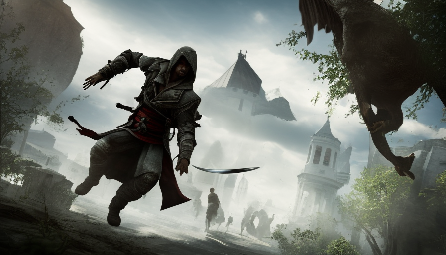 Male white veiled Assassin attacking in Assassin's Creed style, 8k,Highly Detailed,Artstation,Illustration,Sharp Focus,Unreal Engine,Volumetric Lighting,Concept Art