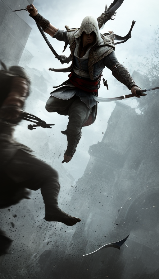 Male white veiled Assassin attacking in Assassin's Creed style, 8k,Highly Detailed,Artstation,Illustration,Sharp Focus,Unreal Engine,Volumetric Lighting,Concept Art