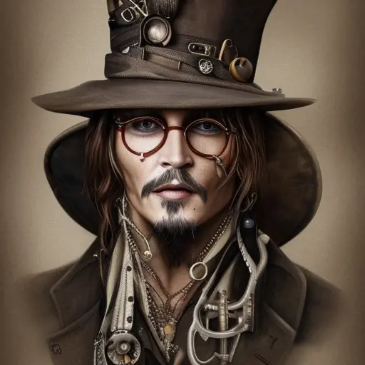 Steampunk portrait of Johnny Depp, Highly Detailed,Intricate,Artstation,Beautiful,Digital Painting,Sharp Focus,Concept Art,Elegant