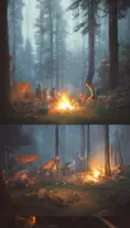 A highly detailed matte painting of a camp fire in the forest at night by studio ghibli, 4k resolution,Masterpiece,Trending on Artstation,Cyberpunk,Octane Render,Volumetric Lighting, by Stanley Artgerm Lau,by Greg Rutkowski,by Makoto Shinkai,by  WLOP