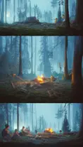 A highly detailed matte painting of a camp fire in the forest at night by studio ghibli, 4k resolution,Masterpiece,Trending on Artstation,Cyberpunk,Octane Render,Volumetric Lighting, by Stanley Artgerm Lau,by Greg Rutkowski,by Makoto Shinkai,by  WLOP