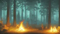 A highly detailed matte painting of a camp fire in the forest at night by studio ghibli, 4k resolution,Masterpiece,Trending on Artstation,Cyberpunk,Octane Render,Volumetric Lighting