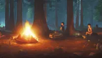 A highly detailed matte painting of a camp fire in the forest at night by studio ghibli, 4k resolution,Masterpiece,Trending on Artstation,Cyberpunk,Octane Render,Volumetric Lighting