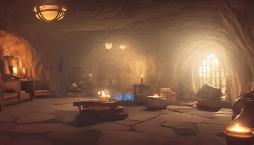 Secret overwatch magical common area carved inside a cave with doors to various bedrooms, 4k,Artstation,Cinematic Lighting,Sharp Focus,Octane Render,Candle Light,Concept Art,Fantasy,Cozy