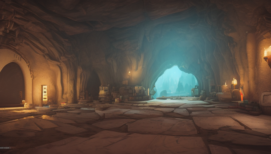 Secret overwatch magical common area carved inside a cave with doors to various bedrooms, 4k,Artstation,Cinematic Lighting,Sharp Focus,Octane Render,Candle Light,Concept Art,Fantasy,Cozy