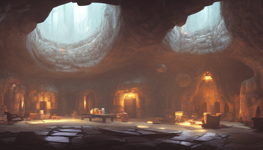 Secret overwatch magical common area carved inside a cave with doors to various bedrooms, 4k,Artstation,Cinematic Lighting,Sharp Focus,Octane Render,Candle Light,Concept Art,Fantasy,Cozy, by Greg Rutkowski