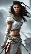Kassandra in white Assassin's Creed armor, 8k,Highly Detailed,Artstation,Beautiful,Digital Illustration,Sharp Focus,Unreal Engine,Volumetric Lighting,Concept Art
