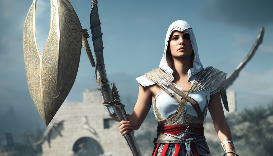 Kassandra in white Assassin's Creed armor, 8k,Highly Detailed,Artstation,Beautiful,Digital Illustration,Sharp Focus,Unreal Engine,Volumetric Lighting,Concept Art