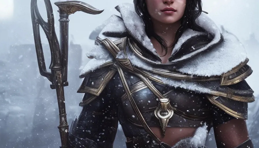 Kassandra with white Assassin's Creed armor in winter's snow, 8k,Highly Detailed,Artstation,Beautiful,Digital Illustration,Sharp Focus,Unreal Engine,Volumetric Lighting,Concept Art