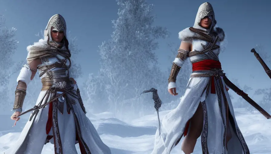 Kassandra with white Assassin's Creed armor in winter's snow, 8k,Highly Detailed,Artstation,Beautiful,Digital Illustration,Sharp Focus,Unreal Engine,Volumetric Lighting,Concept Art