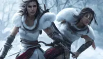 Closeup of Kassandra with white Assassin's Creed armor attacking in winter's snow, 8k,Highly Detailed,Artstation,Beautiful,Sharp Focus,Volumetric Lighting,Concept Art