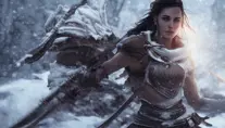 Closeup of Kassandra with white Assassin's Creed armor attacking in winter's snow, 8k,Highly Detailed,Artstation,Beautiful,Sharp Focus,Volumetric Lighting,Concept Art