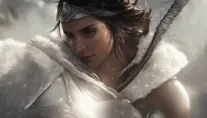 Closeup of Kassandra in white Assassin's Creed armor preparing for battle in winter's snow, 8k,Highly Detailed,Artstation,Beautiful,Sharp Focus,Volumetric Lighting,Concept Art