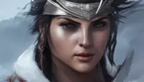 Closeup of Kassandra in white Assassin's Creed armor preparing for battle in winter's snow, 8k,Highly Detailed,Artstation,Beautiful,Sharp Focus,Volumetric Lighting,Concept Art