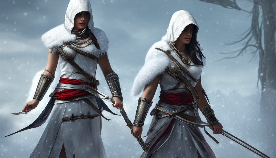 Kassandra in white Assassin's Creed armor preparing for battle in winter's snow, 8k,Highly Detailed,Artstation,Beautiful,Sharp Focus,Volumetric Lighting,Concept Art