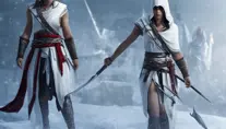 Kassandra in white Assassin's Creed armor preparing for battle in winter's snow, 8k,Highly Detailed,Artstation,Beautiful,Sharp Focus,Volumetric Lighting,Concept Art