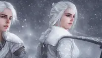Ciri in white armor preparing for battle in winter's snow, 8k,Highly Detailed,Artstation,Beautiful,Sharp Focus,Volumetric Lighting,Concept Art