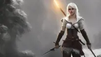 Ciri in white armor preparing for battle in winter's snow, 8k,Highly Detailed,Artstation,Beautiful,Sharp Focus,Volumetric Lighting,Concept Art