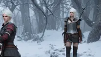 Ciri in Witcher 3 armor preparing for battle in winter's snow, 8k,Highly Detailed,Artstation,Beautiful,Sharp Focus,Volumetric Lighting,Concept Art
