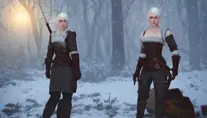 Ciri in Witcher 3 armor preparing for battle in winter's snow, 8k,Highly Detailed,Artstation,Beautiful,Sharp Focus,Volumetric Lighting,Concept Art