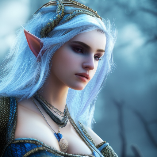 Alluring highly detailed matte close-up portrait of beautiful elf shani from witcher 3 wearing chainmail bikini and a blue cloak, 8k,High Definition,Highly Detailed,Intricate,Half Body,Realistic,Sharp Focus,Fantasy,Elegant