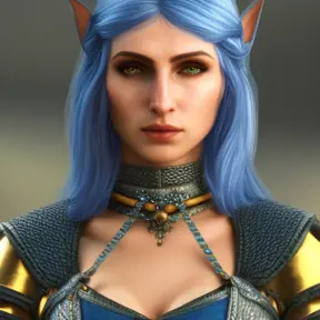 Alluring highly detailed matte portrait of beautiful half elf shani from witcher 3 wearing chainmail bikini and a blue cloak, 8k,High Definition,Highly Detailed,Intricate,Half Body,Realistic,Sharp Focus,Fantasy,Elegant