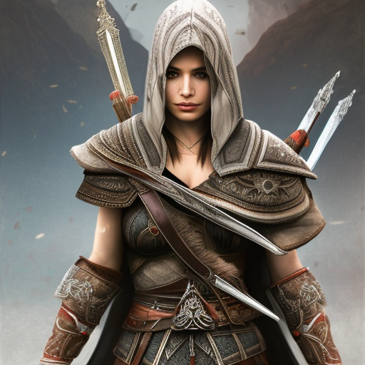 Alluring highly detailed matte portrait of beautiful female warrior wearing Assassin Creed armor in the style of Stefan Kostic, 8k,High Definition,Highly Detailed,Intricate,Half Body,Realistic,Sharp Focus,Fantasy,Elegant