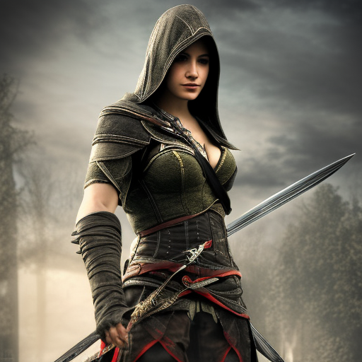 Alluring highly detailed matte portrait of beautiful female assassin with daggers wearing Assassin Creed armor in the style of Stefan Kostic, 8k,High Definition,Highly Detailed,Intricate,Half Body,Realistic,Sharp Focus,Fantasy,Elegant