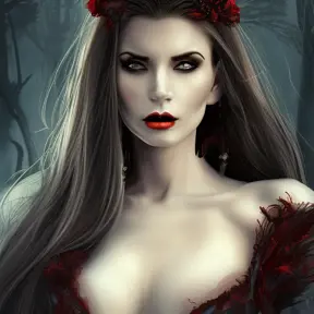 Alluring highly detailed matte portrait of a beautiful vampire with fangs in the style of Stefan Kostic, 8k,High Definition,Highly Detailed,Intricate,Half Body,Realistic,Sharp Focus,Fantasy,Elegant