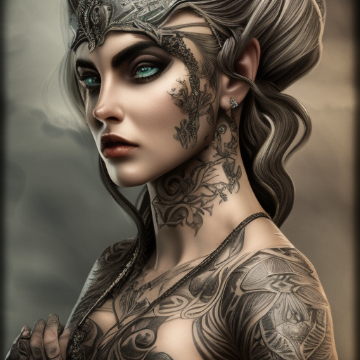 Alluring highly detailed matte portrait of a beautiful female tattooed warrier with shimmering hair in the style of Stefan Kostic, 8k,High Definition,Highly Detailed,Intricate,Half Body,Realistic,Sharp Focus,Fantasy,Elegant