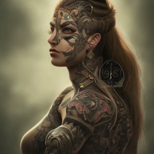 Alluring highly detailed matte portrait of a beautiful female tattooed warrier with shimmering hair in the style of Stefan Kostic, 8k,High Definition,Highly Detailed,Intricate,Half Body,Realistic,Sharp Focus,Fantasy,Elegant