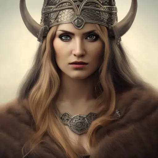 Alluring highly detailed matte portrait of a beautiful female viking with shimmering hair in the style of Stefan Kostic, 8k,High Definition,Highly Detailed,Intricate,Half Body,Realistic,Sharp Focus,Fantasy,Elegant