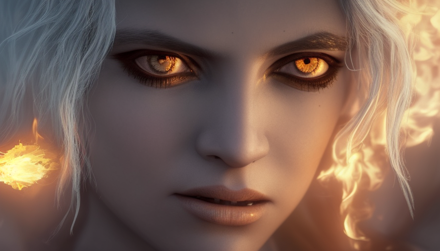 Alluring matte portrait of a menacing yellow eyed Ciri casting fire spells, 4k,Highly Detailed,Beautiful,Cinematic Lighting,Sharp Focus,Volumetric Lighting,Closeup Portrait,Concept Art