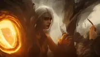 Alluring matte portrait of a menacing yellow eyed Ciri stepping out of a fire portal, 4k,Highly Detailed,Beautiful,Cinematic Lighting,Sharp Focus,Volumetric Lighting,Closeup Portrait,Concept Art