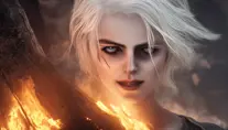 Alluring matte portrait of a menacing yellow eyed Ciri stepping out of a fire portal, 4k,Highly Detailed,Beautiful,Cinematic Lighting,Sharp Focus,Volumetric Lighting,Closeup Portrait,Concept Art