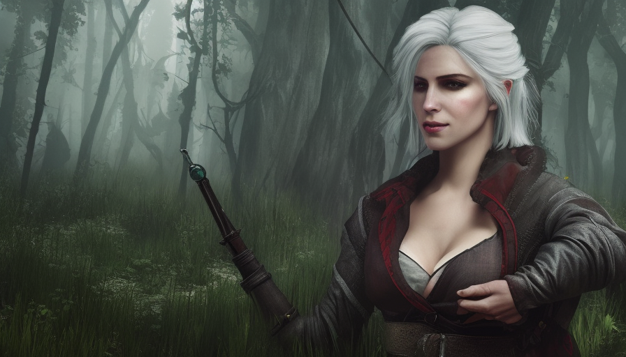 Portrait of an alluring Witcher 3 Ciri assassin in an epic forest, 4k,Highly Detailed,Beautiful,Cinematic Lighting,Sharp Focus,Volumetric Lighting,Closeup Portrait,Concept Art