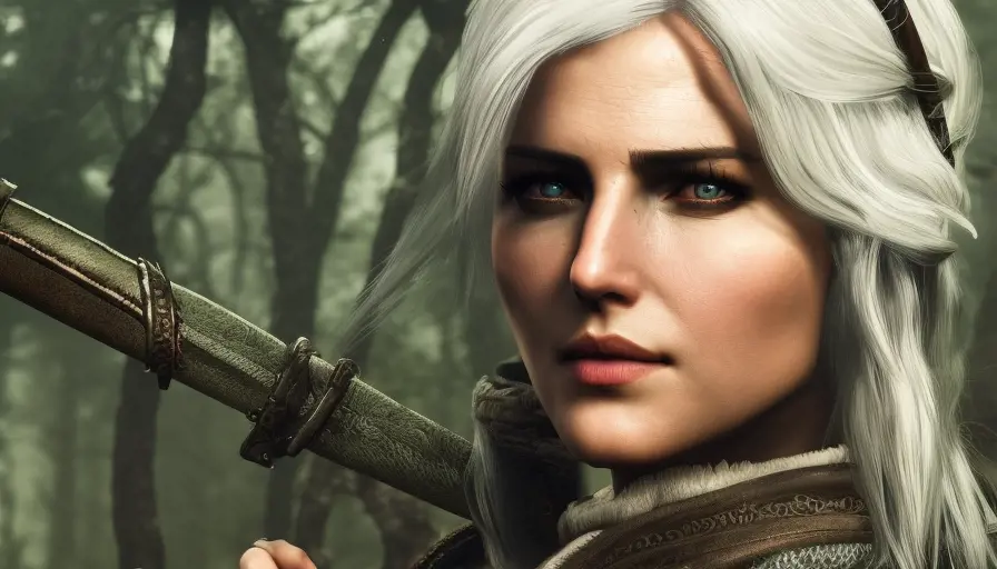 Portrait of an alluring Witcher 3 Ciri assassin in an epic forest, 4k,Highly Detailed,Beautiful,Cinematic Lighting,Sharp Focus,Volumetric Lighting,Closeup Portrait,Concept Art
