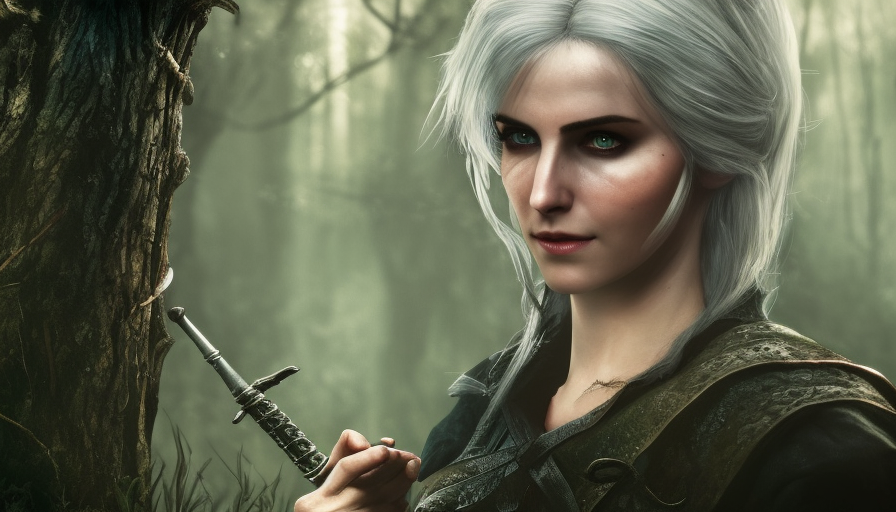 Portrait of an alluring Witcher 3 Ciri in Assassin Creed style in an epic forest, 4k,Highly Detailed,Beautiful,Cinematic Lighting,Sharp Focus,Volumetric Lighting,Closeup Portrait,Concept Art