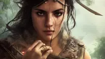 Portrait of an alluring Kassandra in Assassin Creed style in an epic forest, 4k,Highly Detailed,Beautiful,Cinematic Lighting,Sharp Focus,Volumetric Lighting,Closeup Portrait,Concept Art
