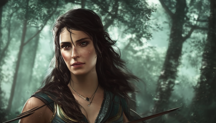 Portrait of an alluring Kassandra in Assassin Creed style in an epic forest, 4k,Highly Detailed,Beautiful,Cinematic Lighting,Sharp Focus,Volumetric Lighting,Closeup Portrait,Concept Art
